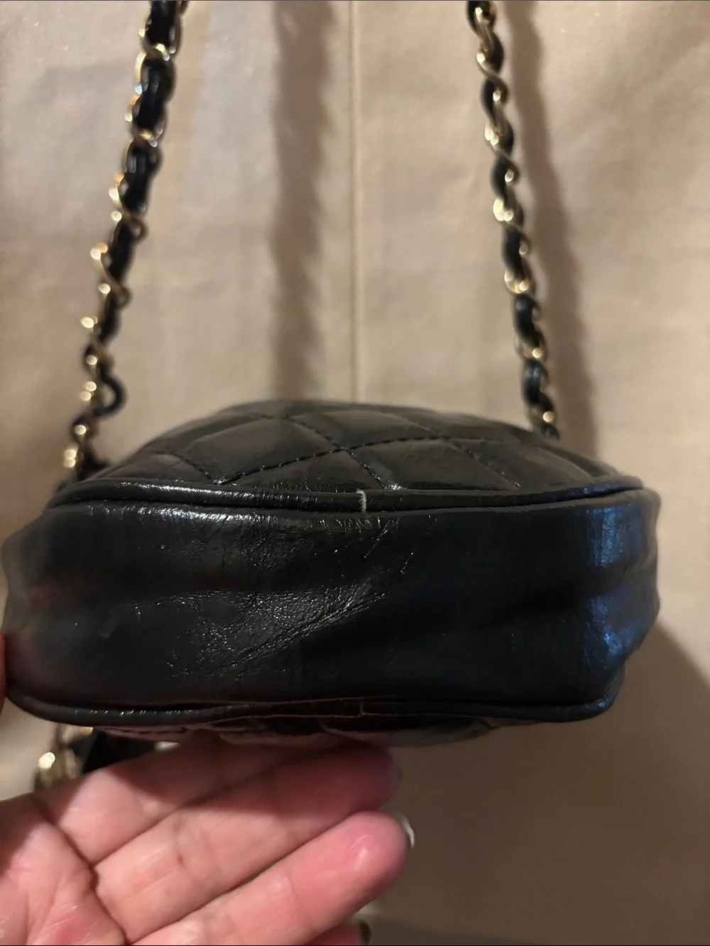 Vintage Black Quilted Round Crossbody Bag